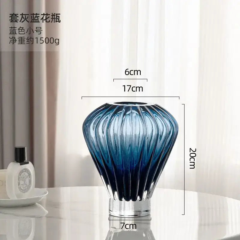 Blue glass hot air balloon vase set living room ribbed decor
