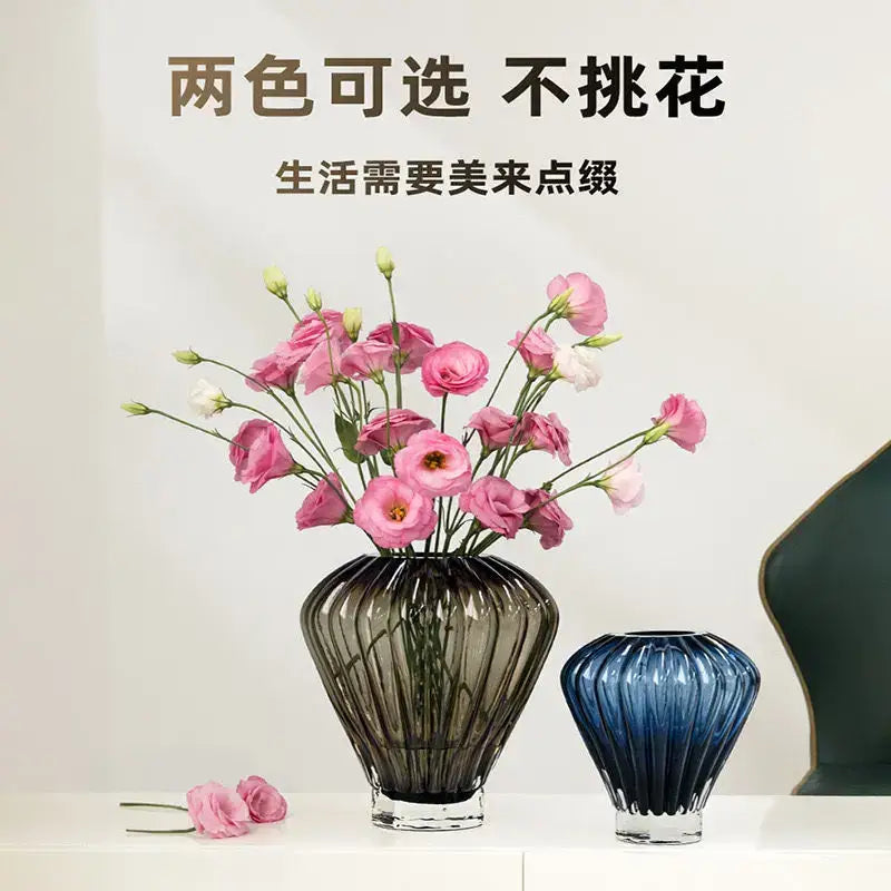 Blue glass hot air balloon vase set living room ribbed decor