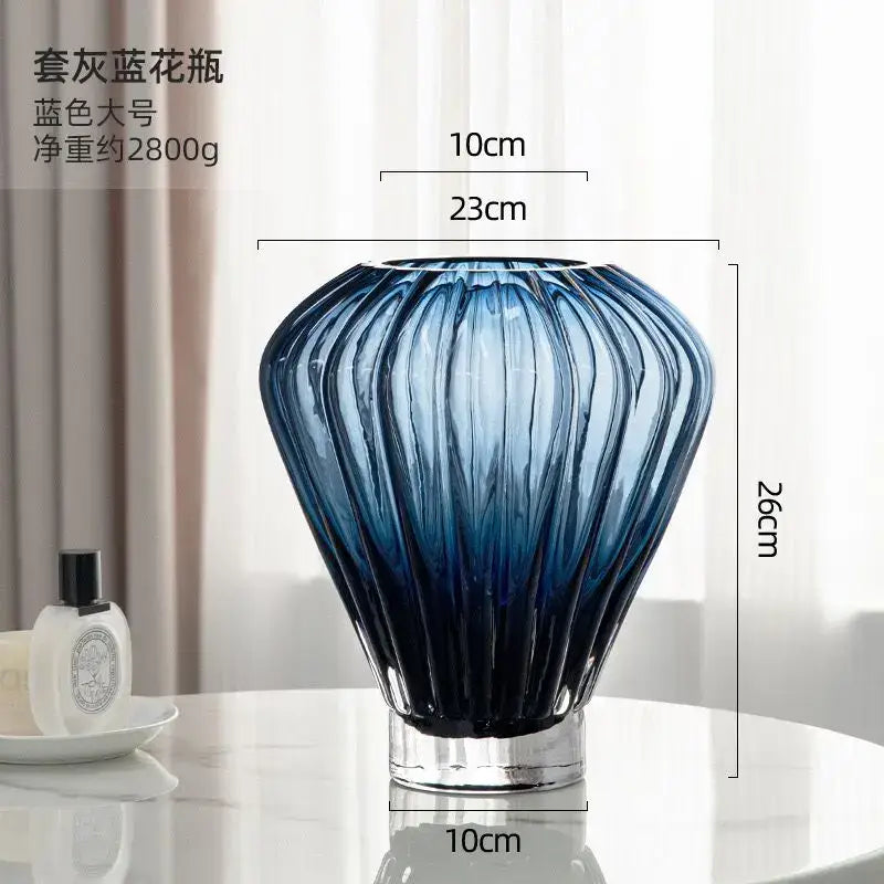 Blue glass hot air balloon vase set living room ribbed decor