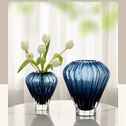 Blue glass hot air balloon vase set living room ribbed decor
