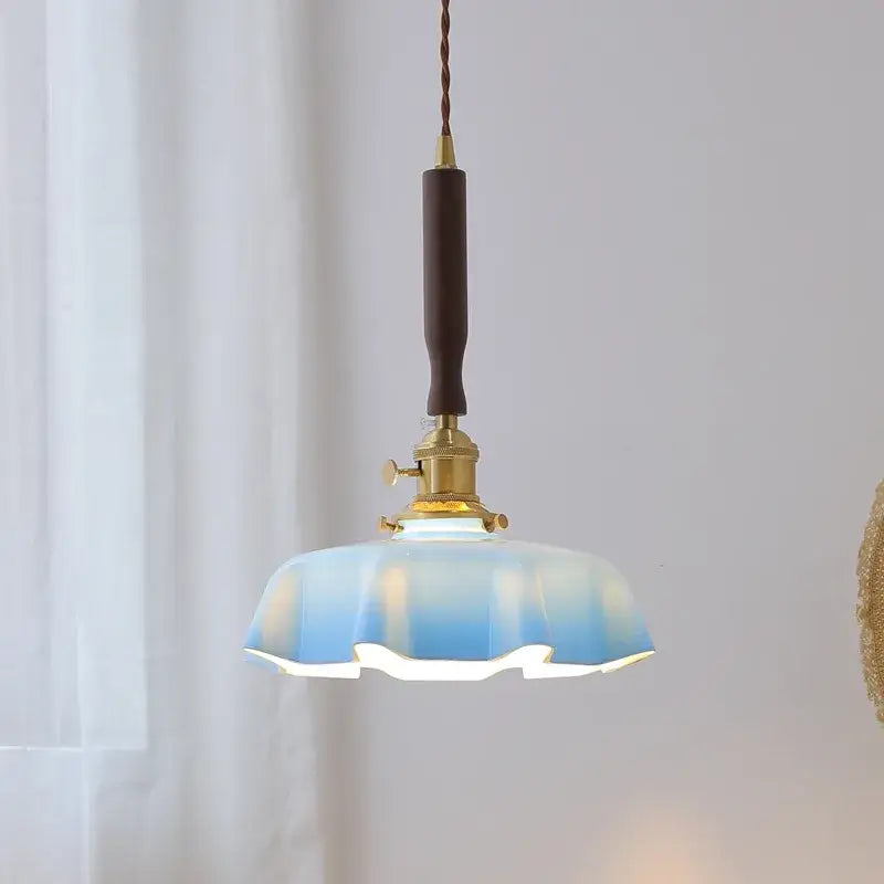Blue glass led pendant lamp with brass for dining room