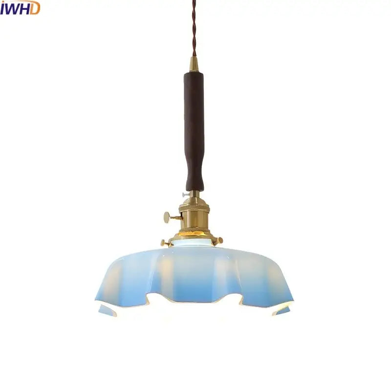 Blue glass led pendant lamp with brass for dining room