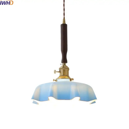 Blue glass led pendant lamp with brass for dining room