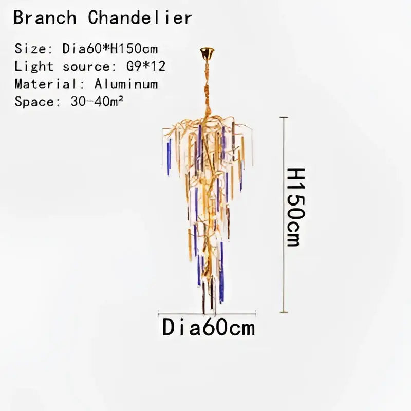 Blue & gold crystal pendant chandelier stairwell cascading glass light