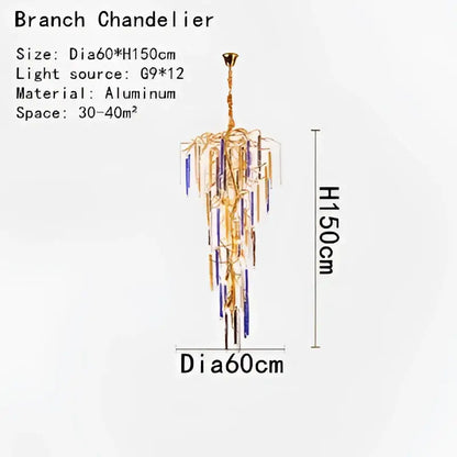 Blue & gold crystal pendant chandelier stairwell cascading glass light