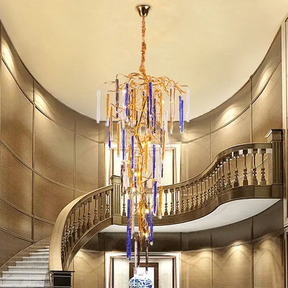 Blue & gold crystal pendant chandelier stairwell cascading glass light