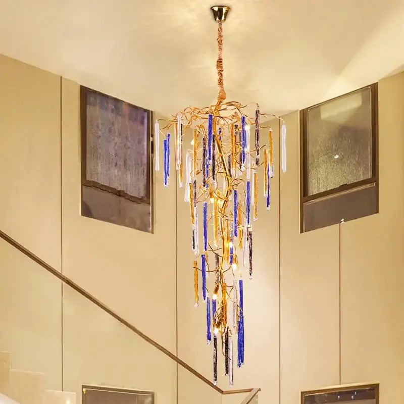 Blue & gold crystal pendant chandelier stairwell cascading glass light