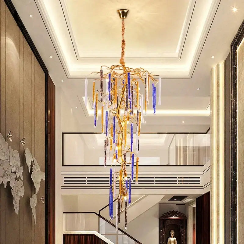 Blue & gold crystal pendant chandelier stairwell cascading glass light