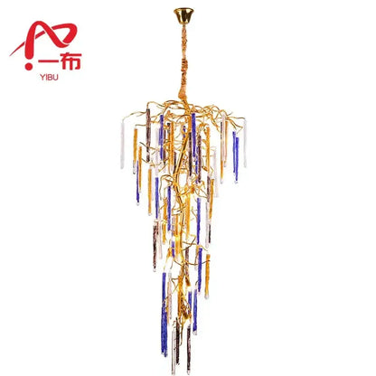 Blue & gold crystal pendant chandelier stairwell cascading glass light