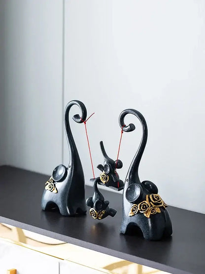 Blue & gold elephant family swing sculpture living room decor