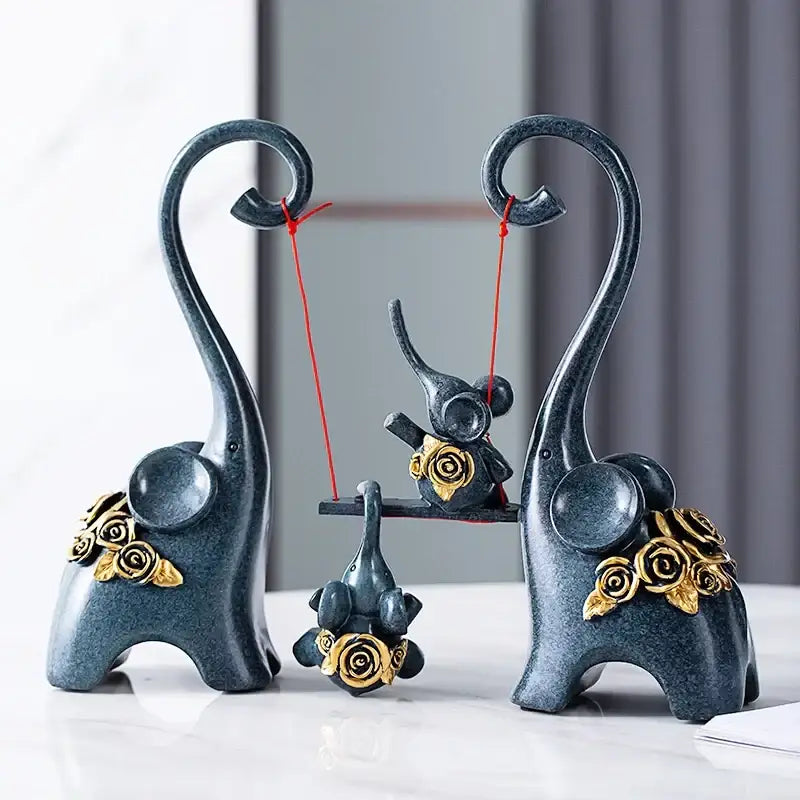 Blue & gold elephant family swing sculpture living room decor