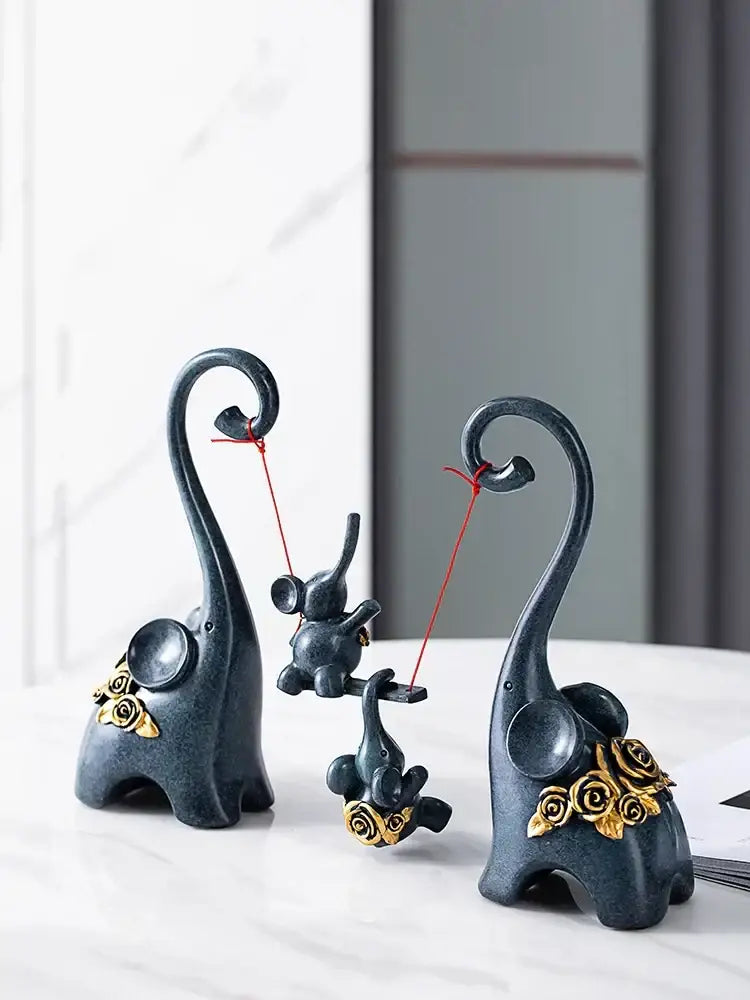 Blue & gold elephant family swing sculpture living room decor