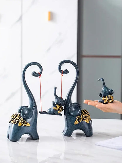 Blue & gold elephant family swing sculpture living room decor