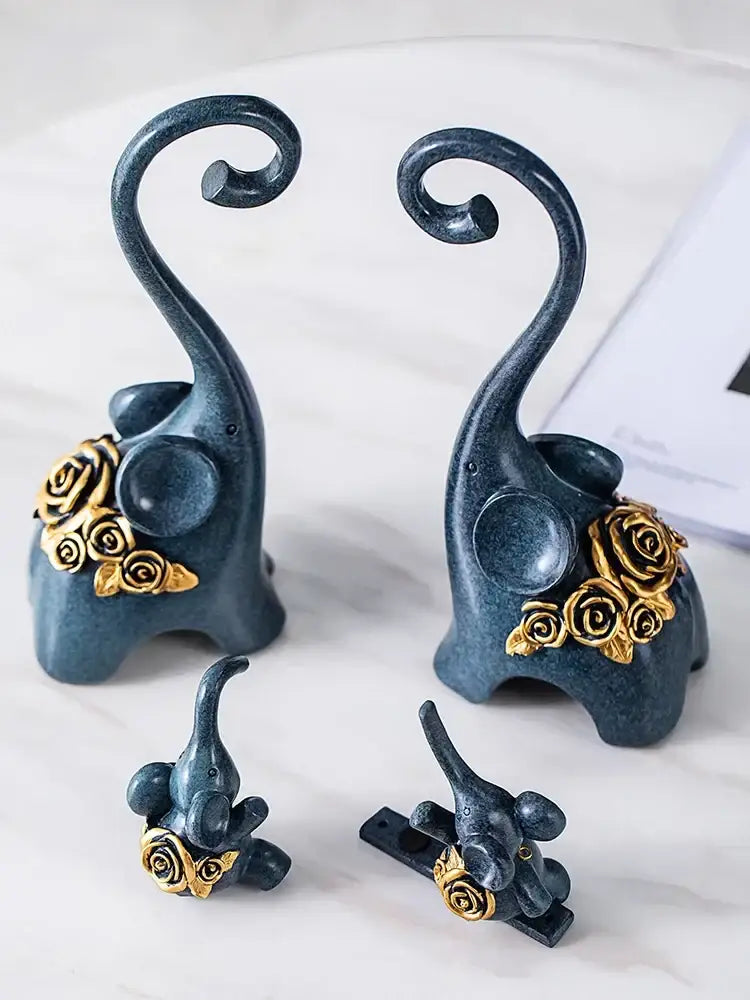 Blue & gold elephant family swing sculpture living room decor
