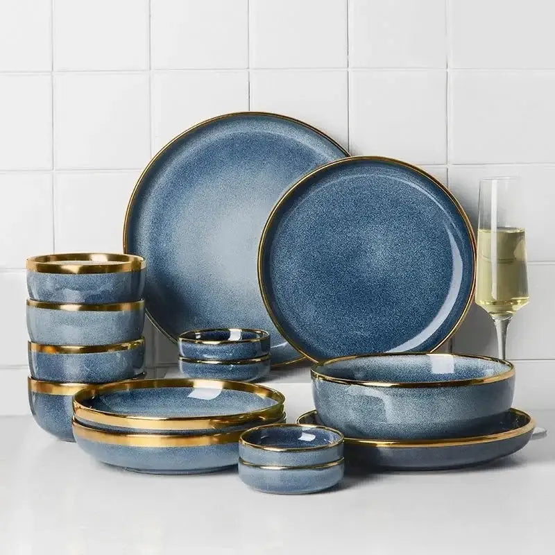 Blue gradient ceramic plate set – dining room gold rim dinnerware