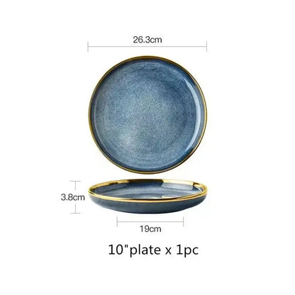 Blue gradient ceramic plate set – dining room gold rim dinnerware