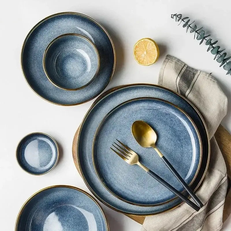 Blue gradient ceramic plate set – dining room gold rim dinnerware