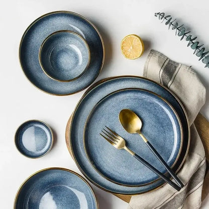 Blue gradient ceramic plate set – dining room gold rim dinnerware