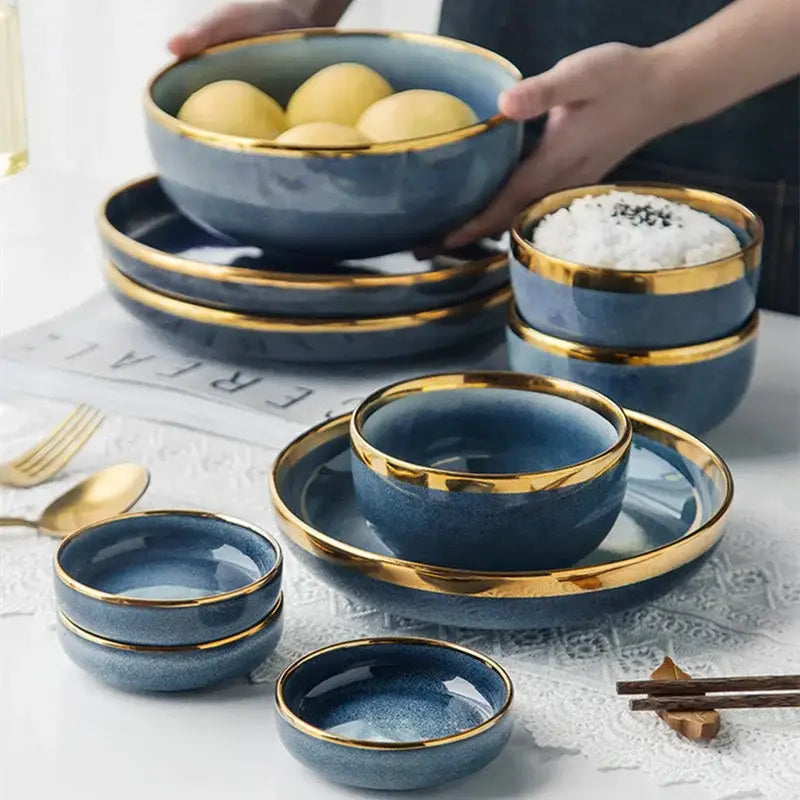 Blue gradient ceramic plate set – dining room gold rim dinnerware