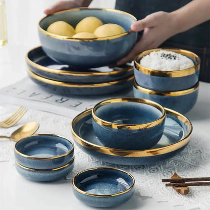 Blue gradient ceramic plate set – dining room gold rim dinnerware
