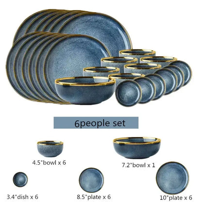 Blue gradient ceramic plate set – dining room gold rim dinnerware