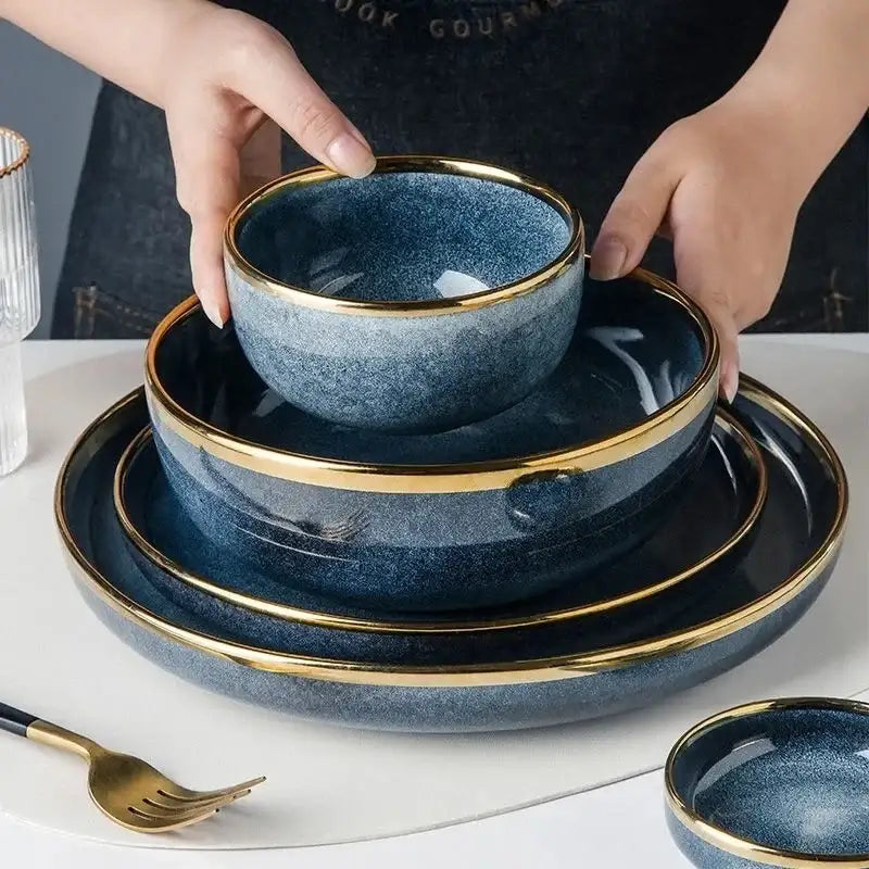 Blue gradient ceramic plate set – dining room gold rim dinnerware