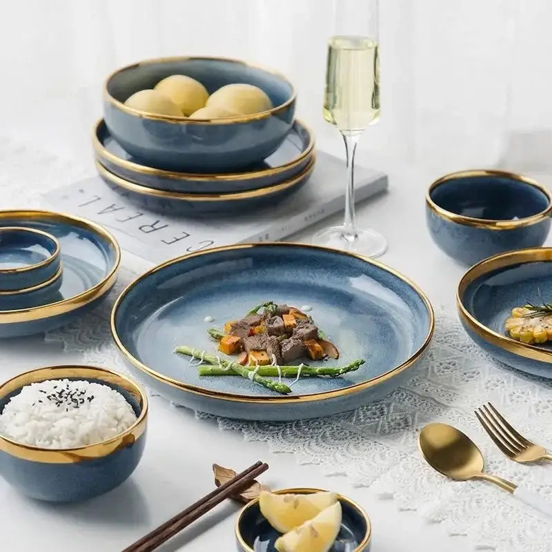 Blue gradient ceramic plate set – dining room gold rim dinnerware