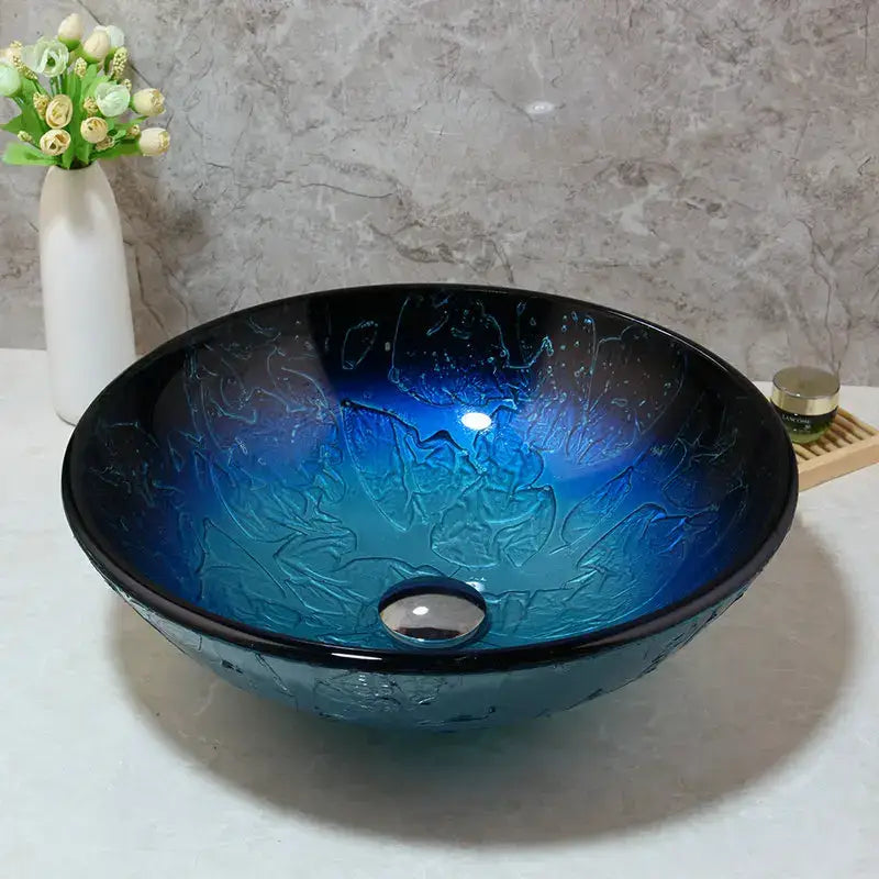 Blue gradient tempered glass basin sink set with waterfall faucet for bathroom