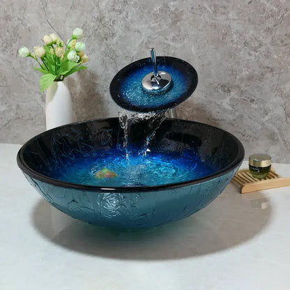 Blue gradient tempered glass basin sink set with waterfall faucet for bathroom