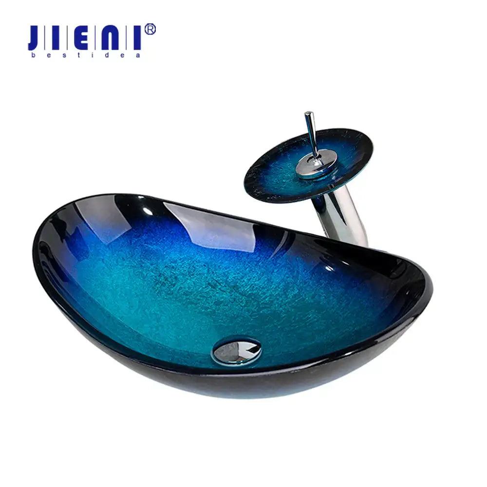 Blue gradient tempered glass basin sink set with waterfall faucet for bathroom