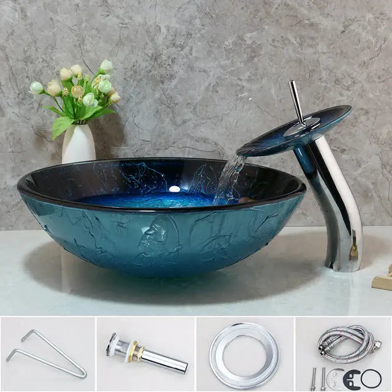 Blue gradient tempered glass basin sink set with waterfall faucet for bathroom