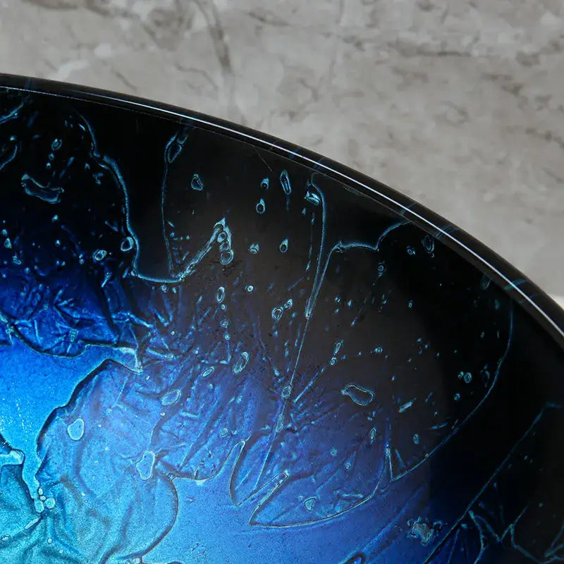 Blue gradient tempered glass basin sink set with waterfall faucet for bathroom