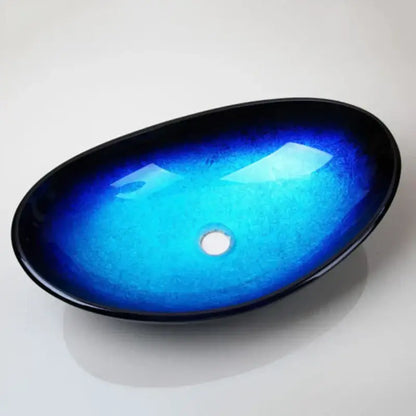 Blue gradient tempered glass basin sink set with waterfall faucet for bathroom