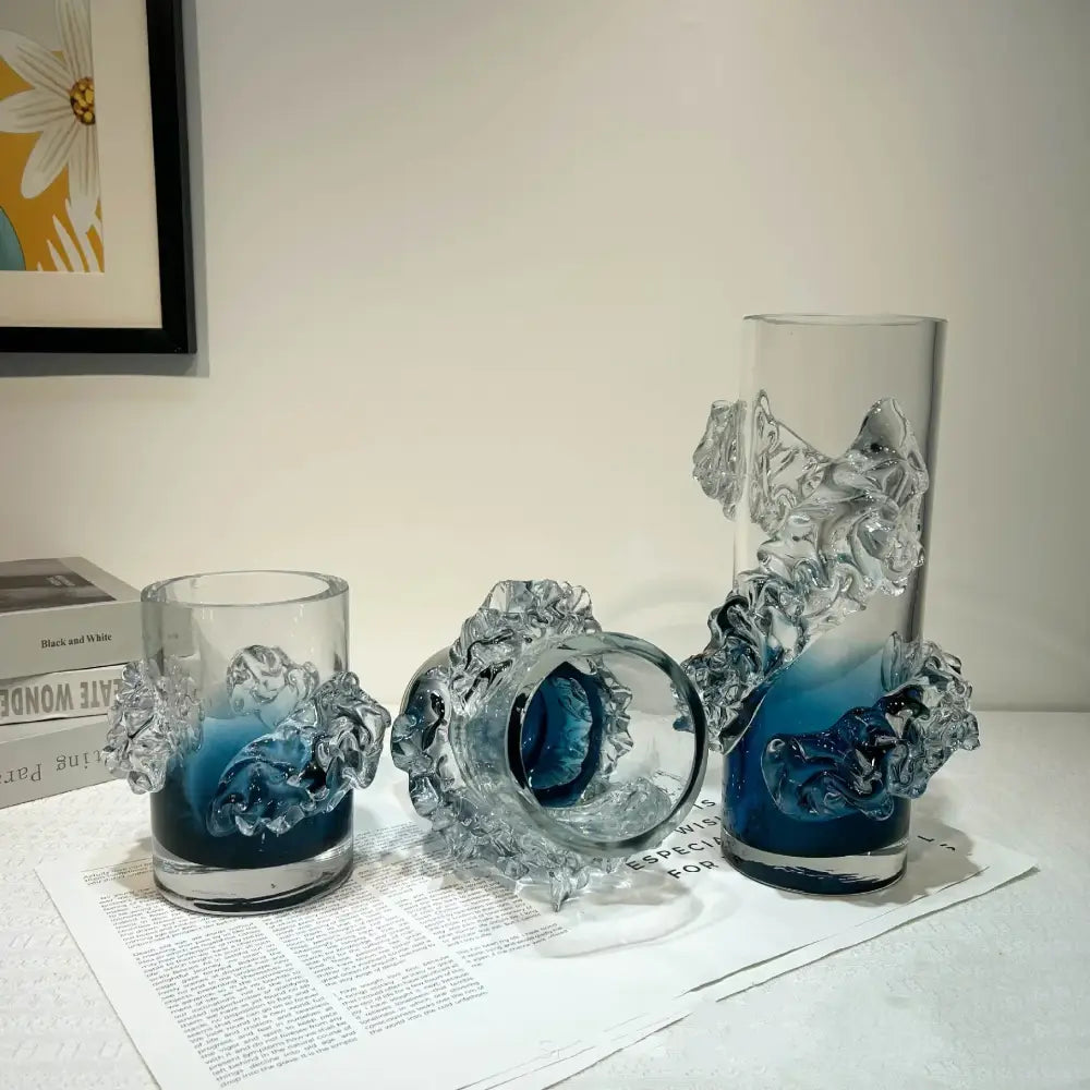Blue gradient wavy glass vase living room floral decor