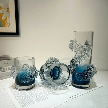 Blue gradient wavy glass vase living room floral decor
