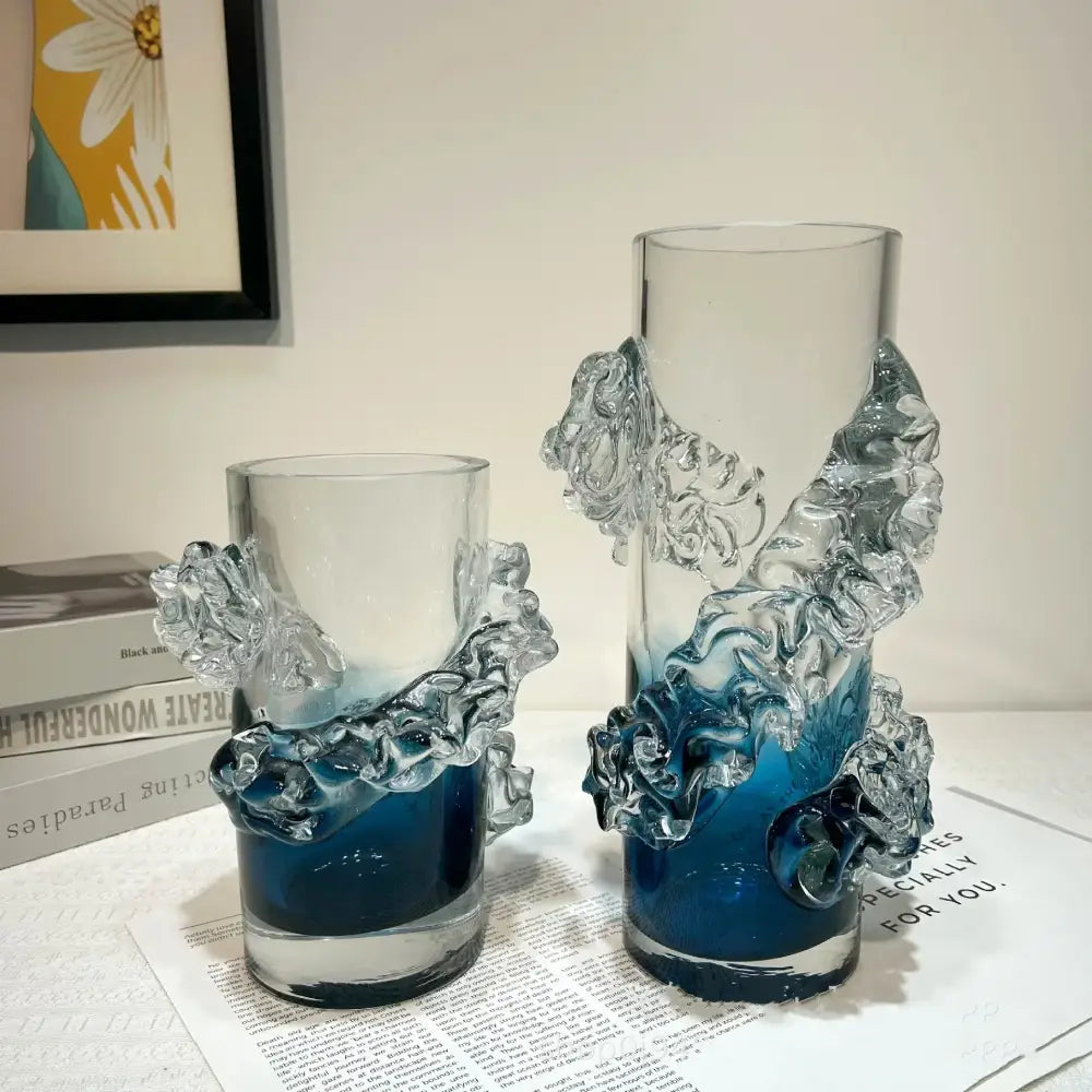 Blue gradient wavy glass vase living room floral decor