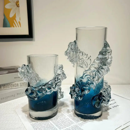 Blue gradient wavy glass vase living room floral decor