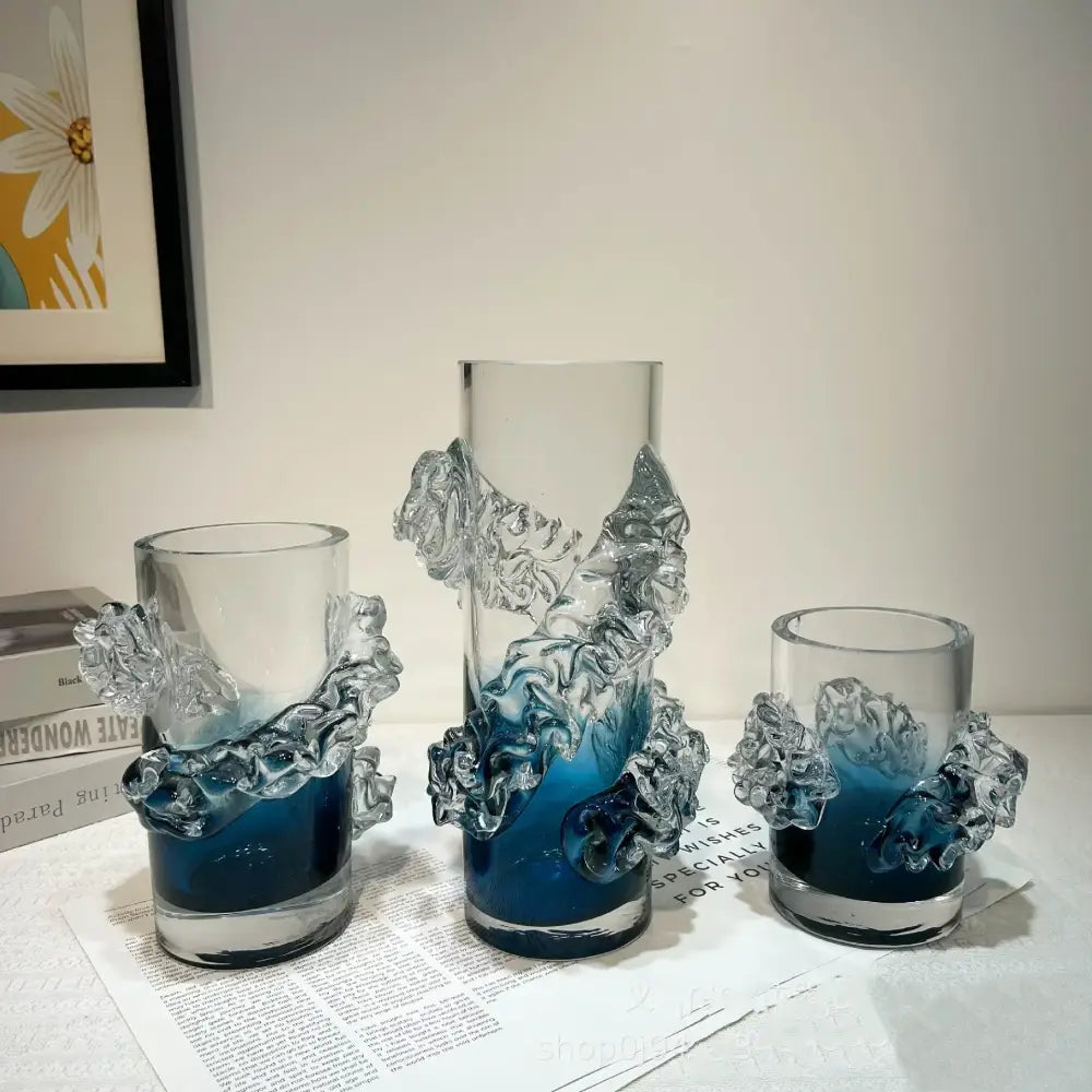 Blue gradient wavy glass vase living room floral decor
