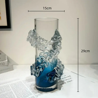 Blue gradient wavy glass vase living room floral decor