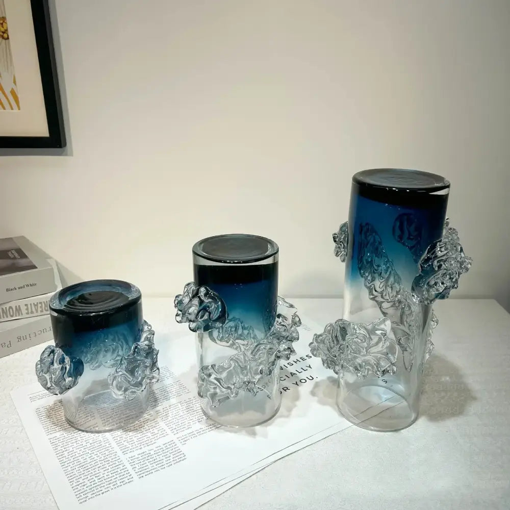 Blue gradient wavy glass vase living room floral decor