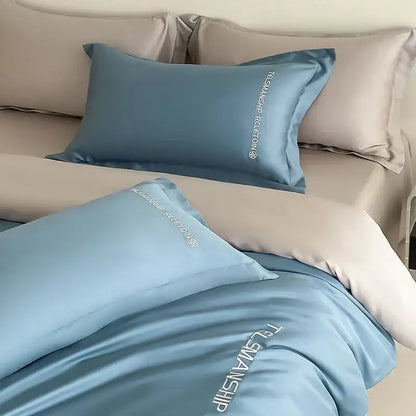 Blue & gray cotton solid color bedding set for bedroom embroidery
