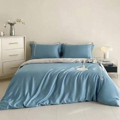 Blue & gray cotton solid color bedding set for bedroom embroidery
