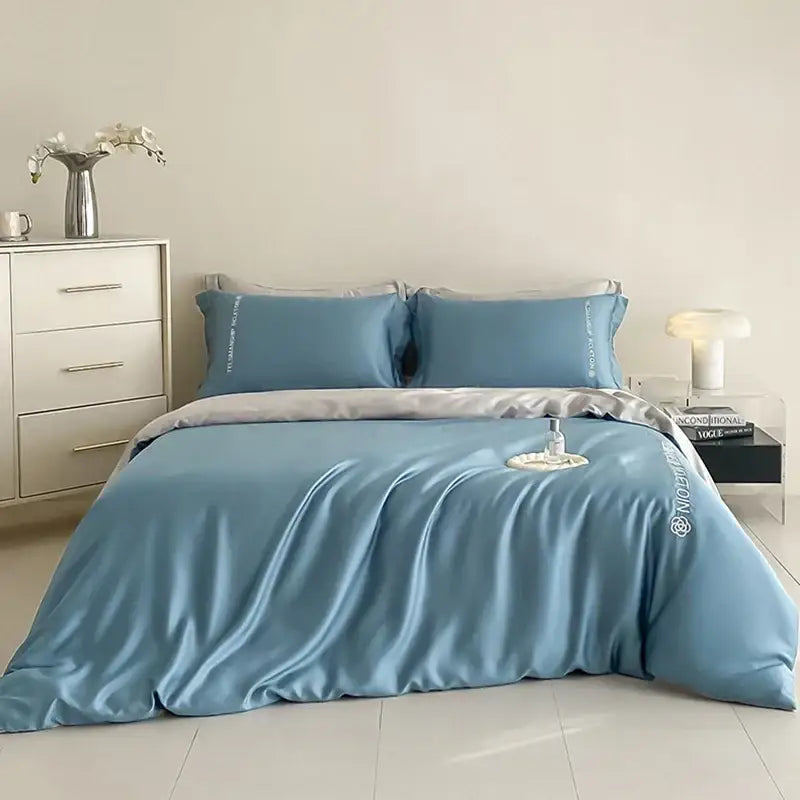 Blue & gray cotton solid color bedding set for bedroom embroidery