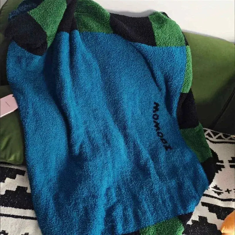 Blue green & black momochi flannel sofa blanket bedroom decor