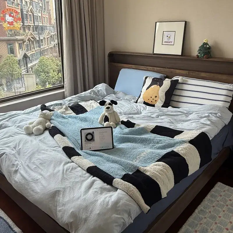 Blue green & black momochi flannel sofa blanket bedroom decor