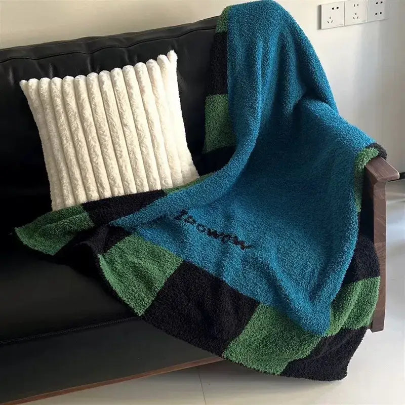 Blue green & black momochi flannel sofa blanket bedroom decor