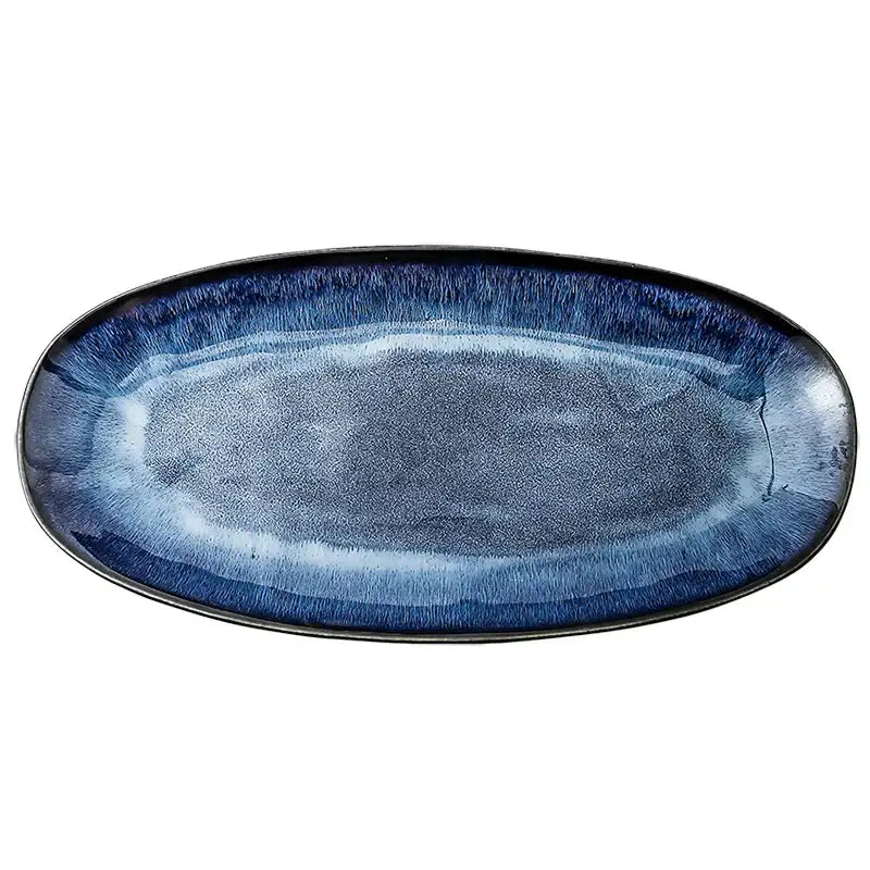 Blue kiln glazed oval ceramic sushi plate dining room serving platter
