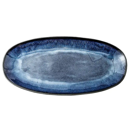 Blue kiln glazed oval ceramic sushi plate dining room serving platter