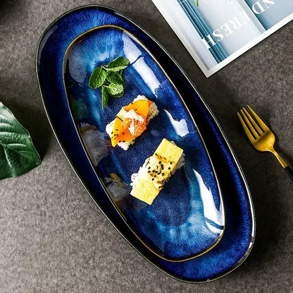 Blue kiln glazed oval ceramic sushi plate dining room serving platter