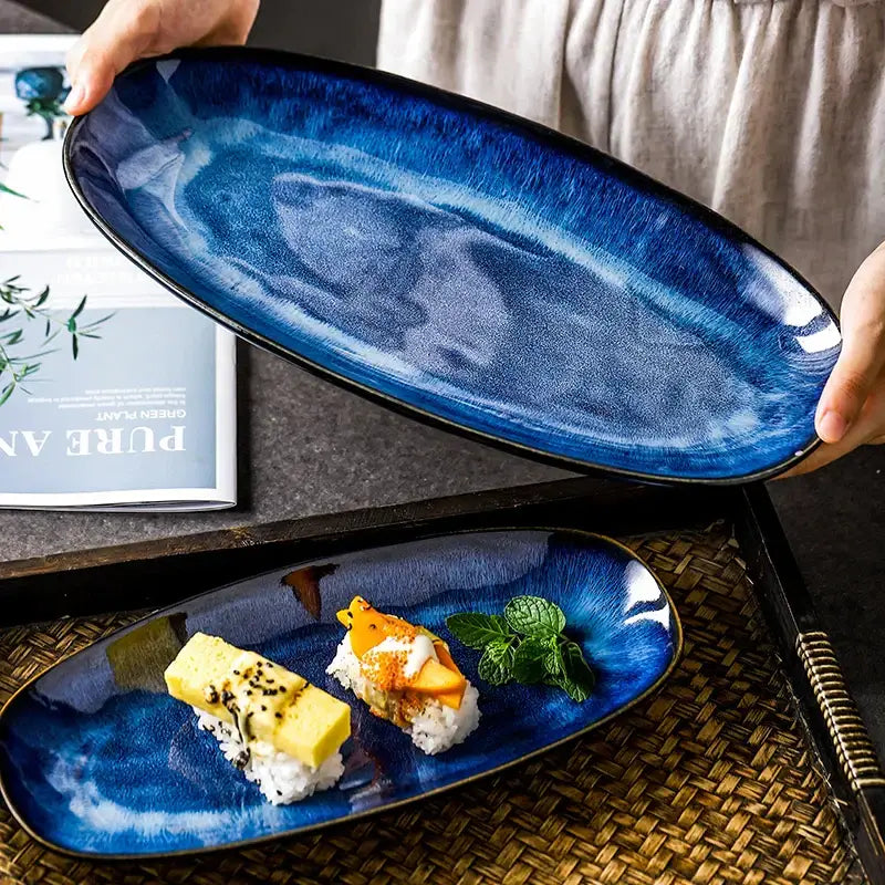 Blue kiln glazed oval ceramic sushi plate dining room serving platter